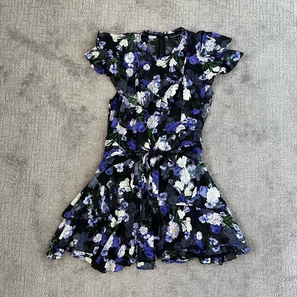 Marissa Webb Black Silk Purple Floral Ruffle Mini Dress - Picture 1 of 6